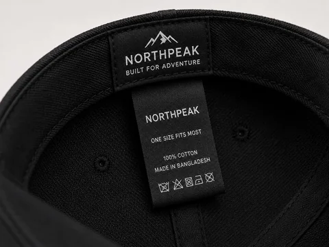 Custom woven brand and care labels inside a cap