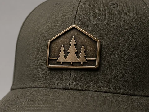 Custom metal brand badge fixed to a cap crown