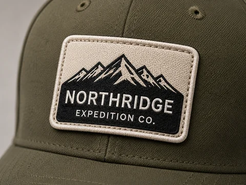 Stitched woven logo patch on a custom cap