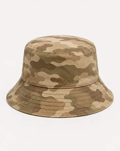 Beige and brown camouflage-print bucket hat