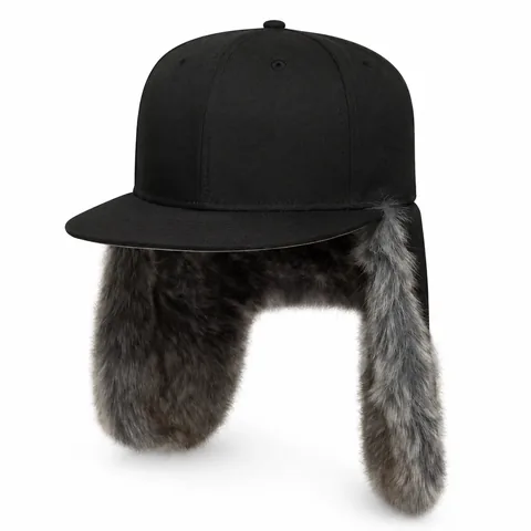 Black fitted cap with fold-down faux-fur earflaps
